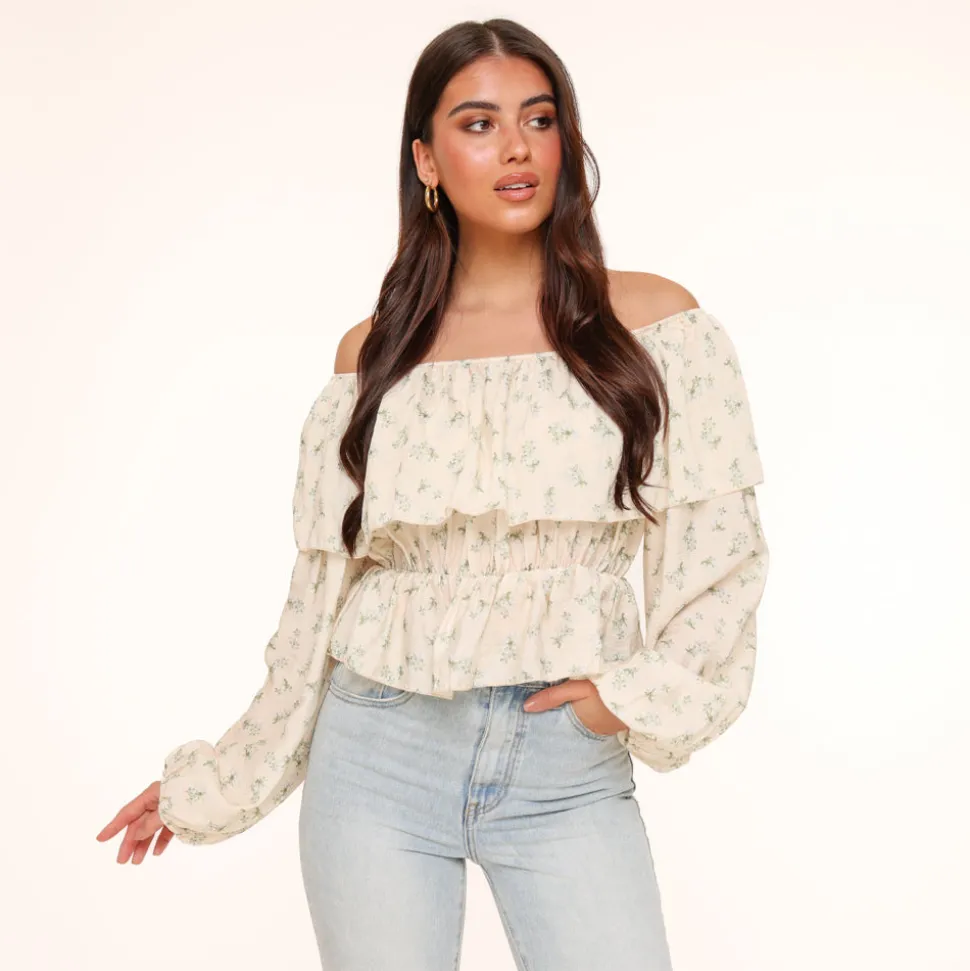 Olivia & Kate Army Green Flowers Off Shoulder -Top Store