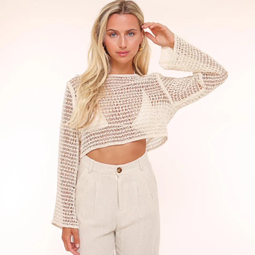 Olivia & Kate Beige Crochet Ls-Top Flash Sale