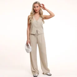 Olivia & Kate Beige Low V-Neck Linen-Gilet Cheap