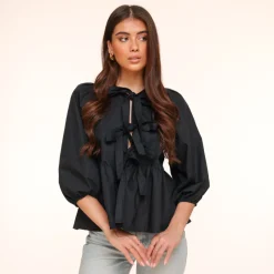 Olivia & Kate Black Bow Ties 3/4 Sleeves-Blouse Store
