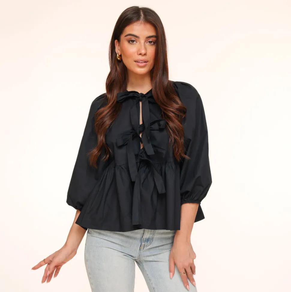 Olivia & Kate Black Bow Ties 3/4 Sleeves-Blouse Store