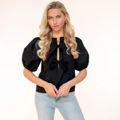 Olivia & Kate Black Bow Ties Short Puf Sleeves-Top Store