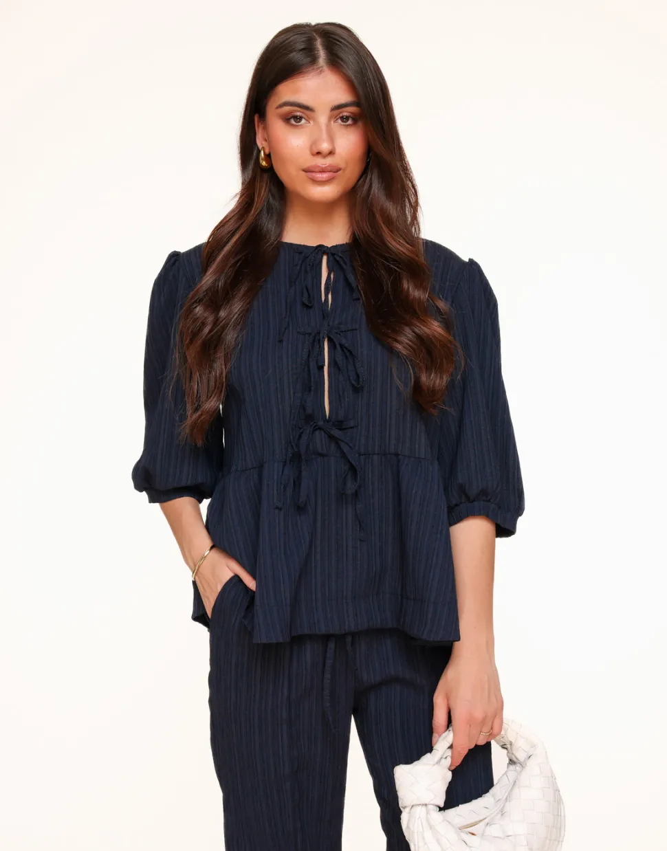 Olivia & Kate Dark Blue Short Bow Ties Puff Sleeves Pleated-Set Cheap