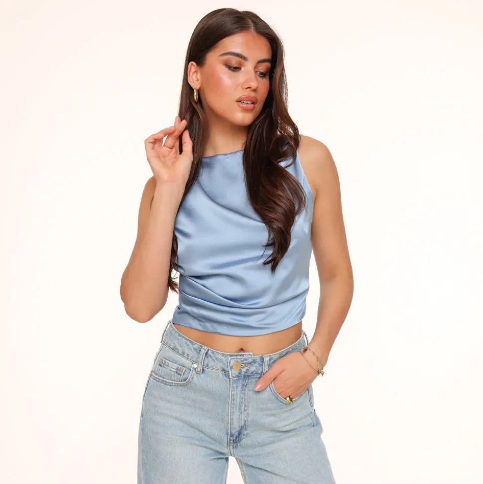 Olivia & Kate Jeans Blue Satin Open Back-Tops Flash Sale