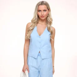 Olivia & Kate Light Blue Low V-Neck Linen-Gilet Best Sale