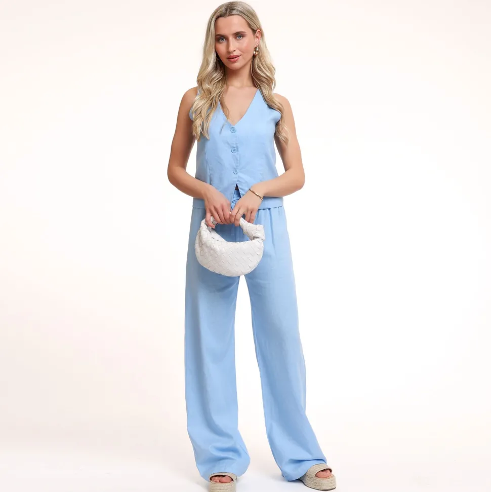Olivia & Kate Light Blue Low V-Neck Linen-Gilet Best Sale