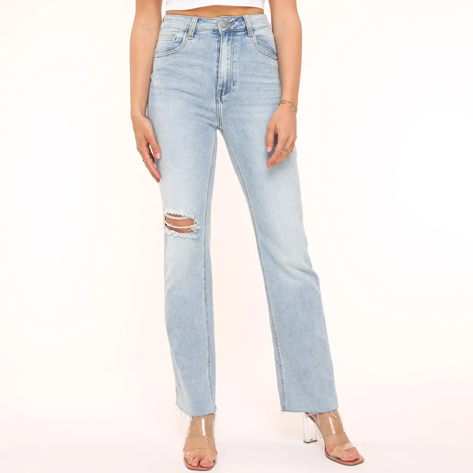 Olivia & Kate Light Blue Straight Ripped-Jeans Flash Sale