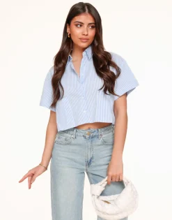 Olivia & Kate Light Blue Striped Cropped Ss-Blouse Sale