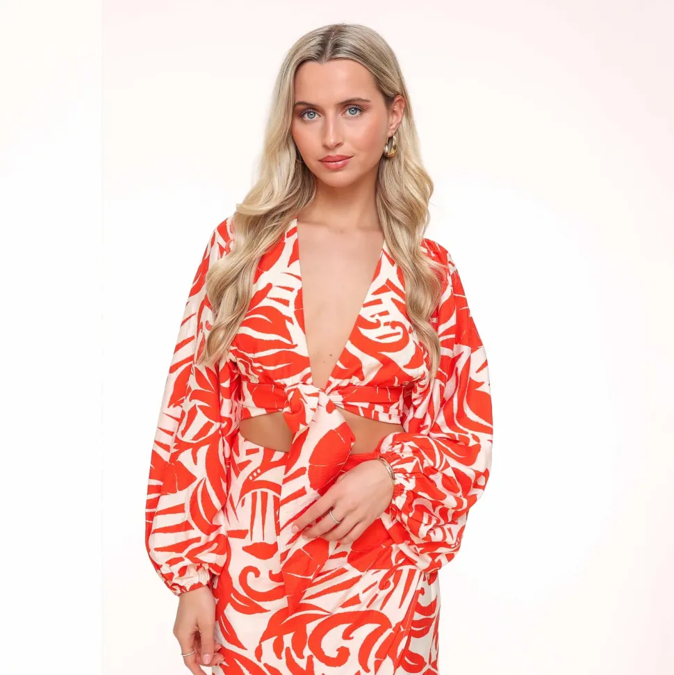Olivia & Kate Red Pattern Tie Balloon Sleeves-Top Discount