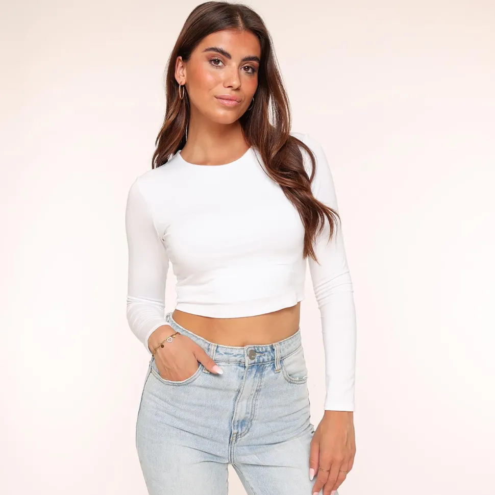 Olivia & Kate White Basic Ls Cropped-Top Hot