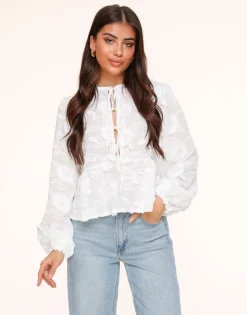 Olivia & Kate White Flowers Long Sleeves Bow Ties-Blouse Discount