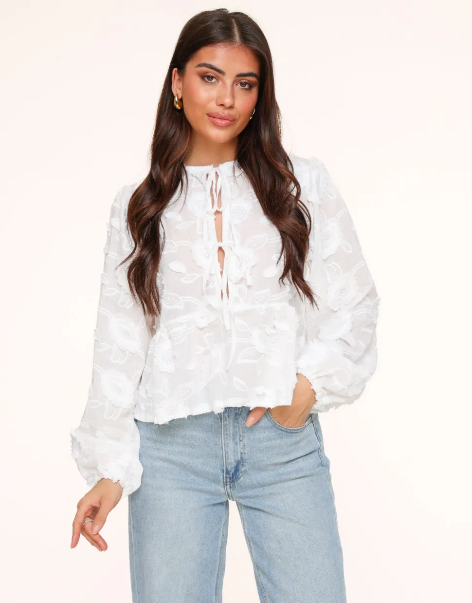 Olivia & Kate White Flowers Long Sleeves Bow Ties-Blouse Discount
