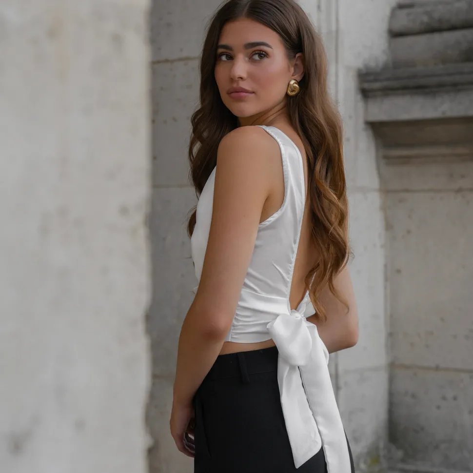 Olivia & Kate White Satin Open Back-Top Best Sale
